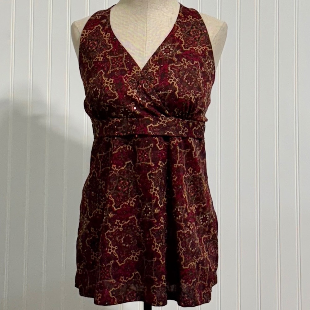 Vintage INC Halter Top L Red Medallion Sequin Whimsigoth Made in USA‎ Y2K Grunge